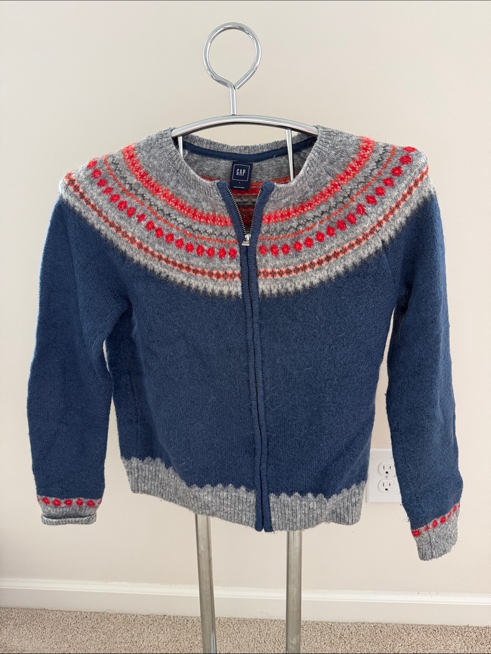 GAP Navy Zip Front Fair Isle Wool Jacket with Gray and Red Accents